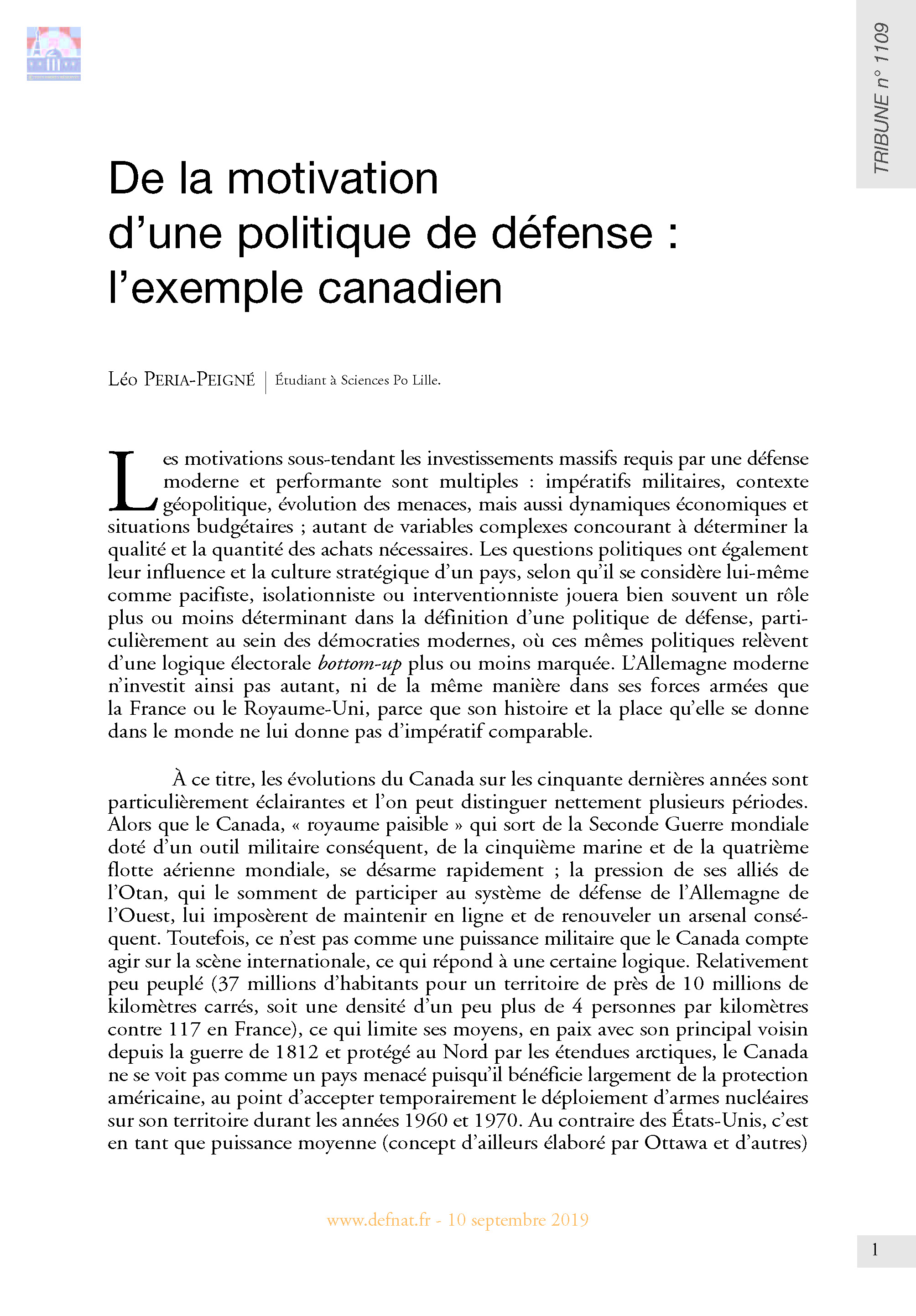 De la motivation d'une politique de défense : l'exemple canadien (T 1109)
